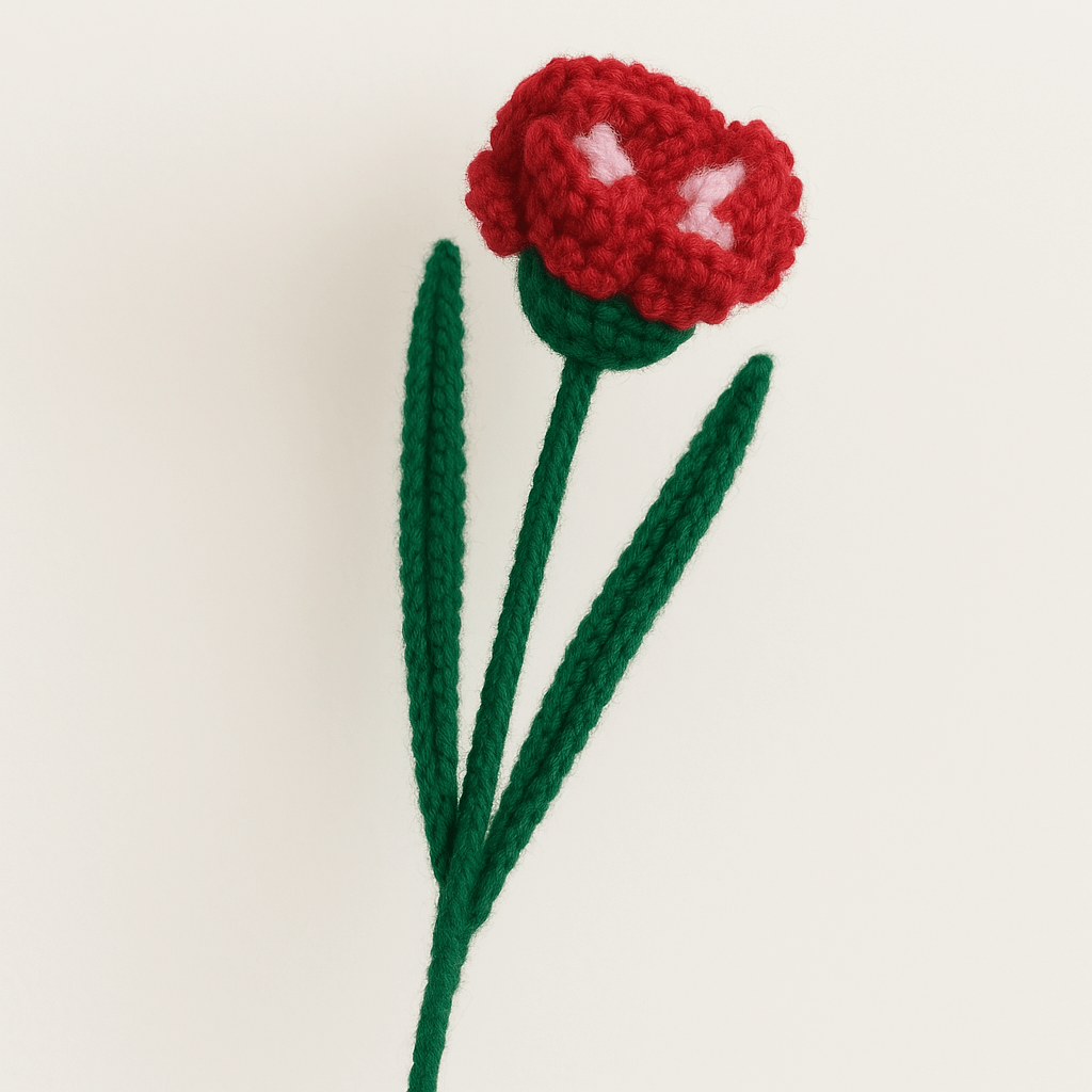 Handcrafted red crochet carnation flower with green leaves, perfect for decorative elegance.